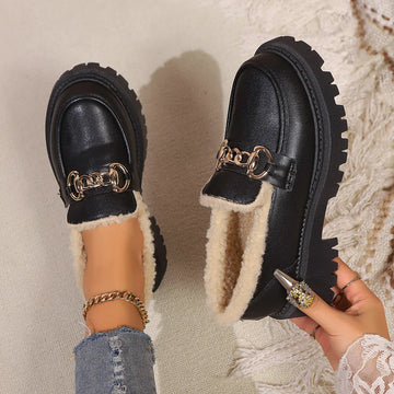 Women’s Platform Loafers – Chunky Sole Slip On Shoes with Chain Detail and Sherpa Lining
