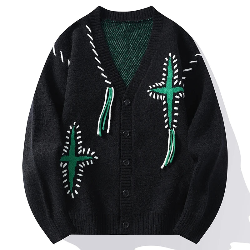 Men's Cardigan - Oversized V-Neck Button Front Knit with Embroidered Detail
