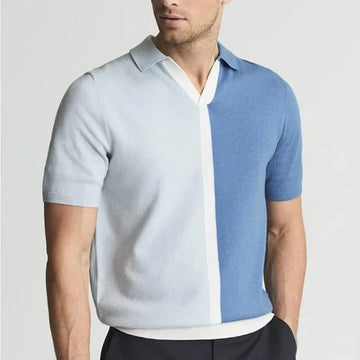 Men's Blue Knit Polo Shirt - Colour Block V-Neck Short Sleeve