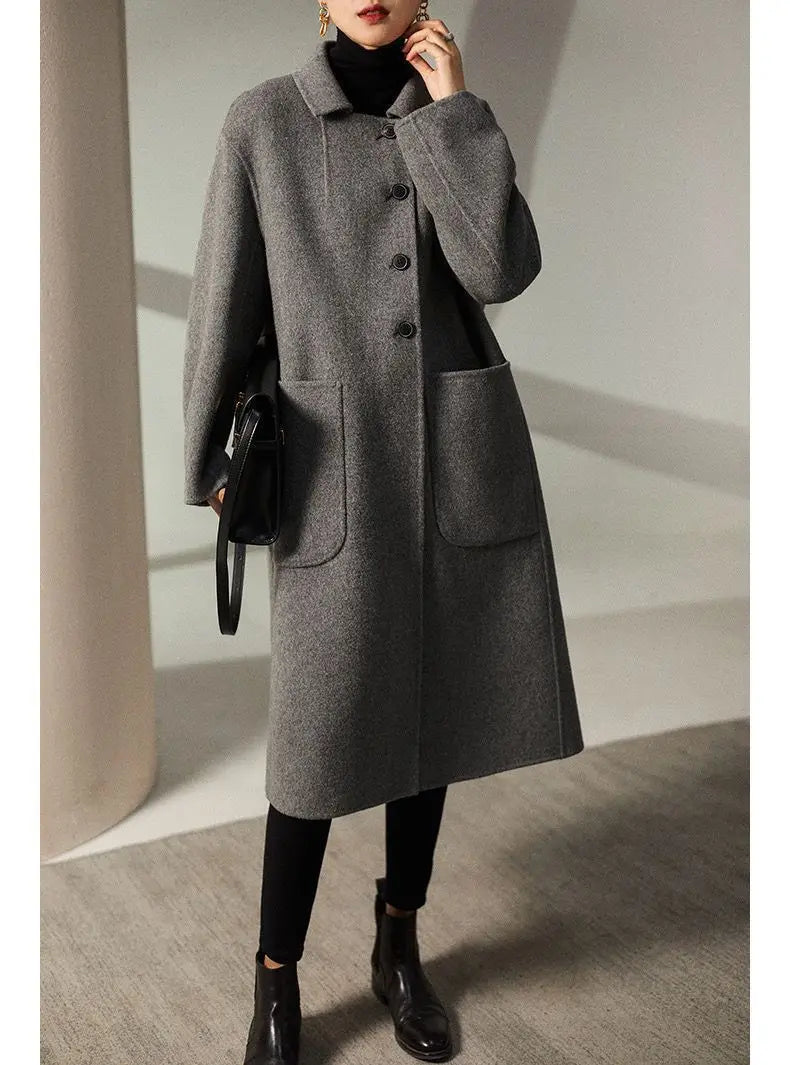 Women’s Double Breasted Mid Length Coat with Notched Collar and Patch Pockets