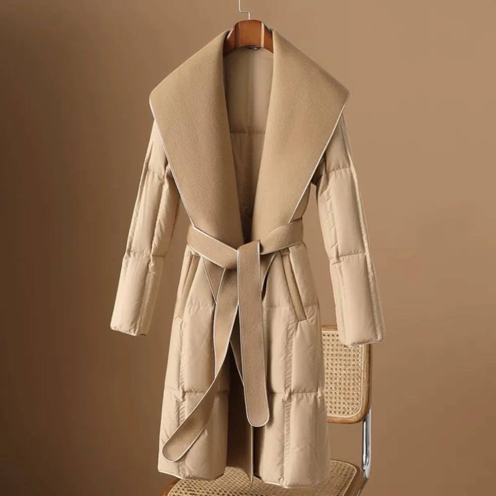 Women’s Long Quilted Duck Down Coat with Wide Shawl Collar and Tie Belt Closure