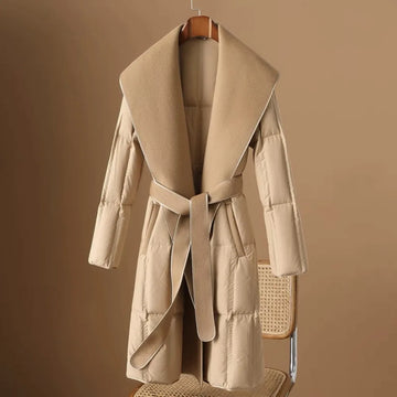 Women’s Long Quilted Duck Down Coat with Wide Shawl Collar and Tie Belt Closure
