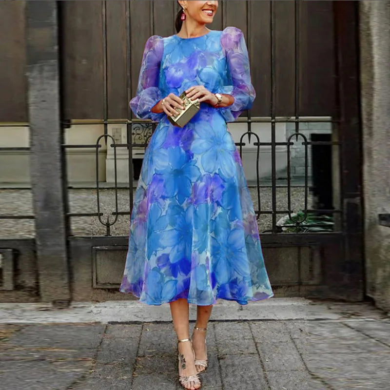 Women's Floral Midi Dress - Long Puff Sleeve Round Neck