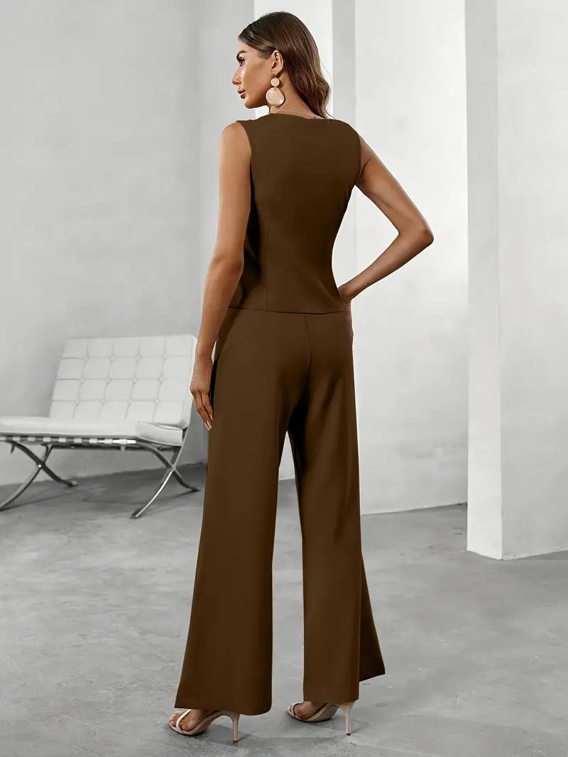 Women's Two Piece Set - Vest and Wide Leg Pants - Asymmetric Hem