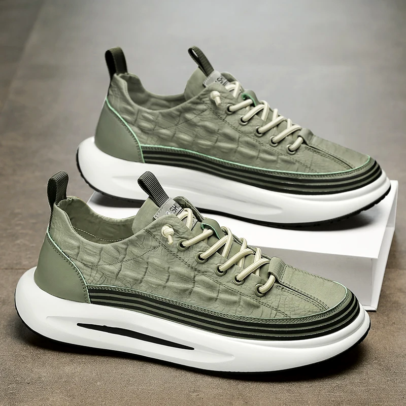 Men's Casual Sneakers - Lace-Up Embossed Upper with Chunky Platform Sole and Stripe Midsole Detail