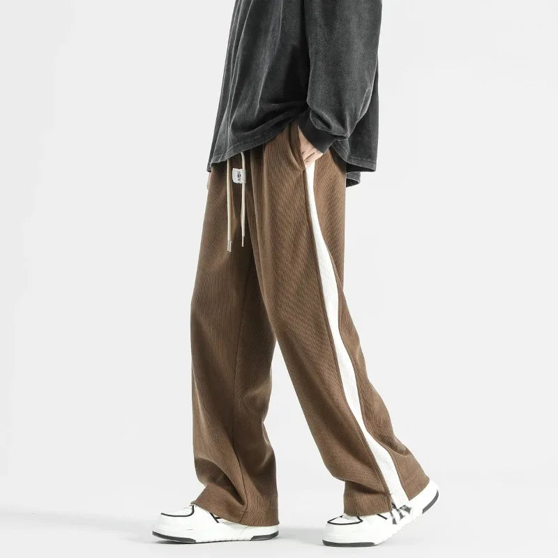 Men's Wide Leg Ribbed Pants with Side Stripe - Drawstring Waist - Full Length Casual Style