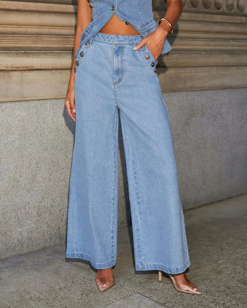 Women's Denim Two Piece Set - Vest and Wide Leg Pants
