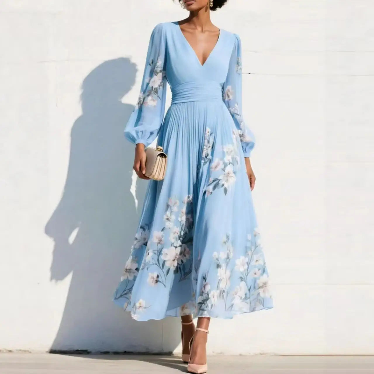 Women's Floral V-Neck Long Sleeve Midi Dress with Balloon Sleeves