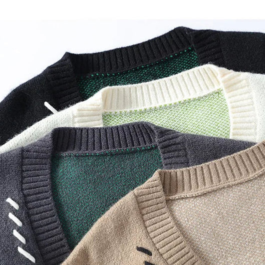 Men's Cardigan - Oversized V-Neck Button Front Knit with Embroidered Detail