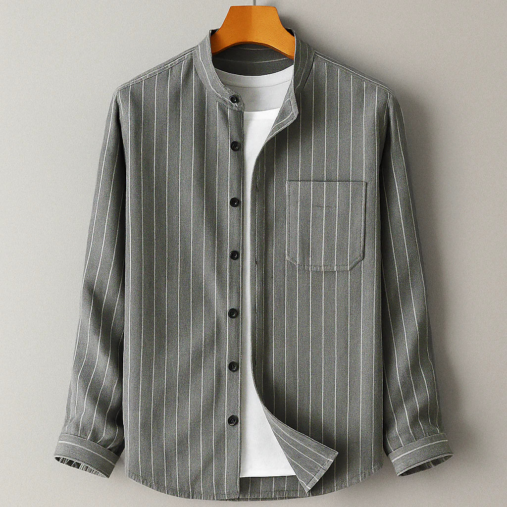 Men's Long Sleeve Shirt - Striped Button Up Mandarin Collar