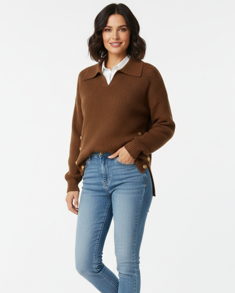 Women's Knit Sweater - Long Sleeve Polo Collar V-Neck with Gold Side Button Detail