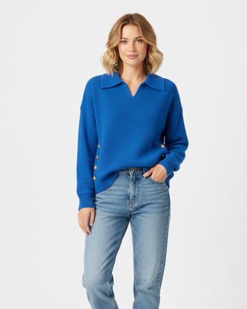 Women's Knit Sweater - Long Sleeve Polo Collar V-Neck with Gold Side Button Detail
