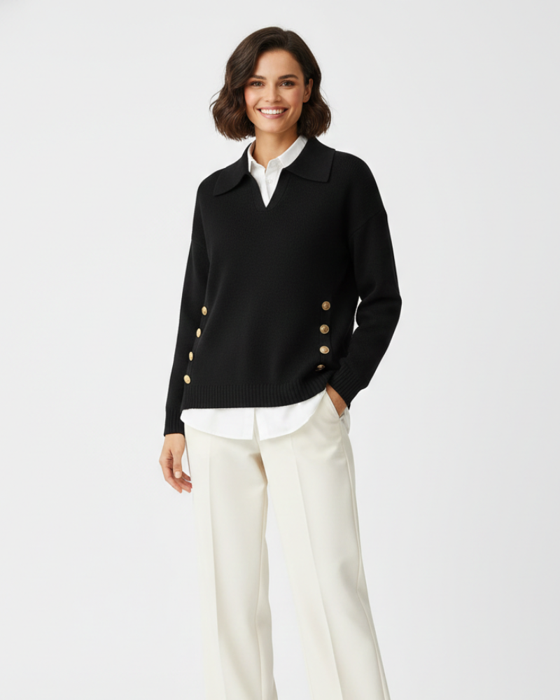 Women's Knit Sweater - Long Sleeve Polo Collar V-Neck with Gold Side Button Detail
