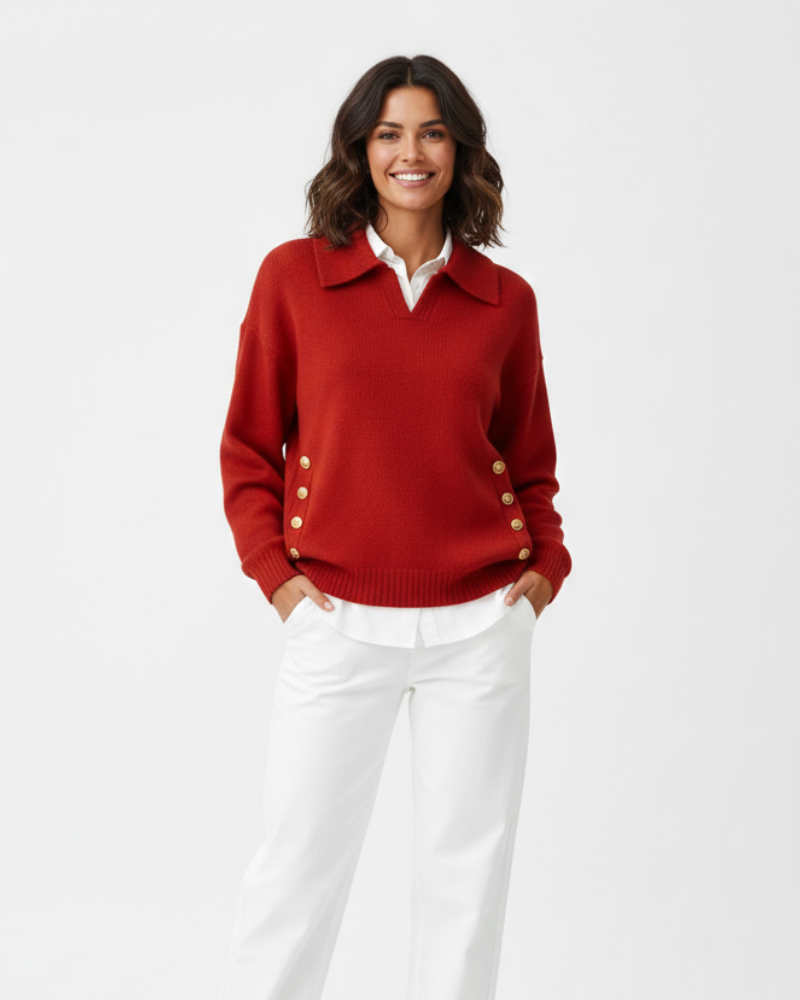 Women's Knit Sweater - Long Sleeve Polo Collar V-Neck with Gold Side Button Detail