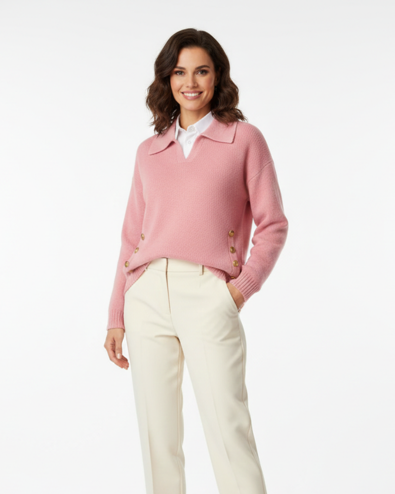 Women's Knit Sweater - Long Sleeve Polo Collar V-Neck with Gold Side Button Detail
