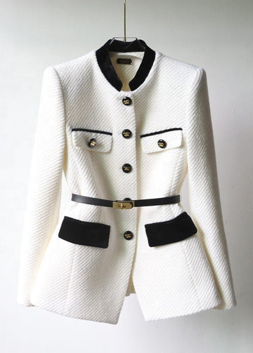 Women’s Textured Military Style Blazer - Stand Collar Button Front Jacket with Belt
