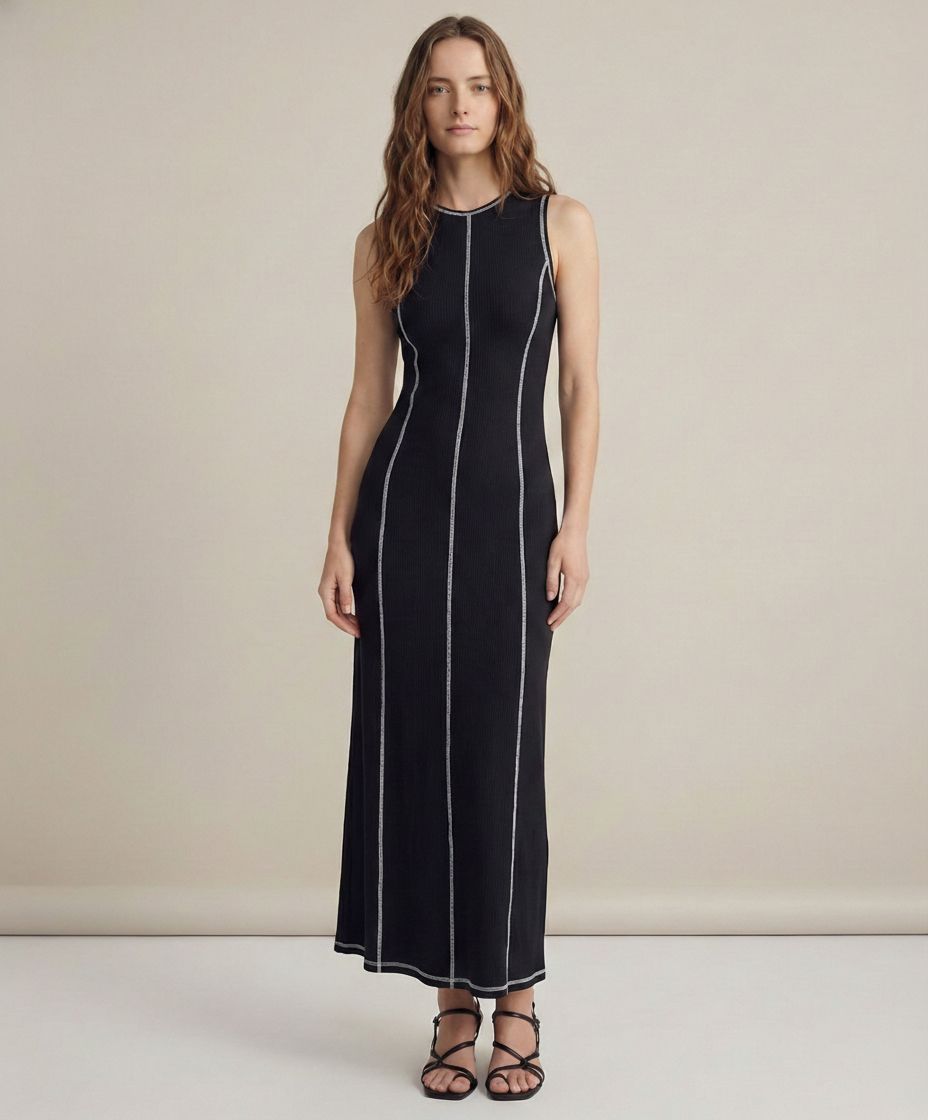 Women’s Sleeveless Maxi Dress with Round Neck and Vertical Contrast Seam Panels