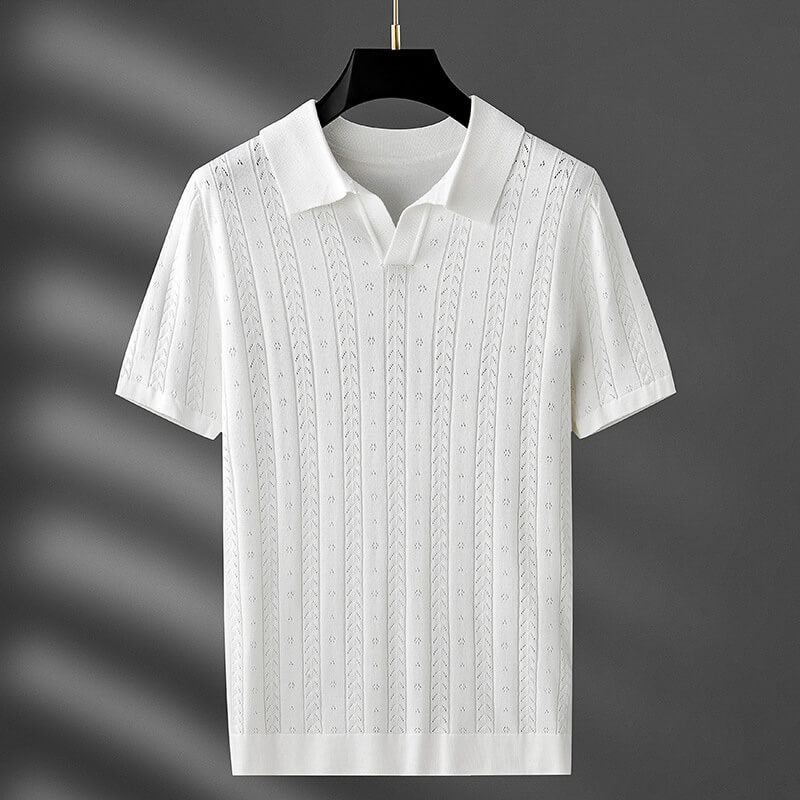 Men's Polo Tees - Short Sleeve Knit Polo with Open V-Neck and Textured Pattern