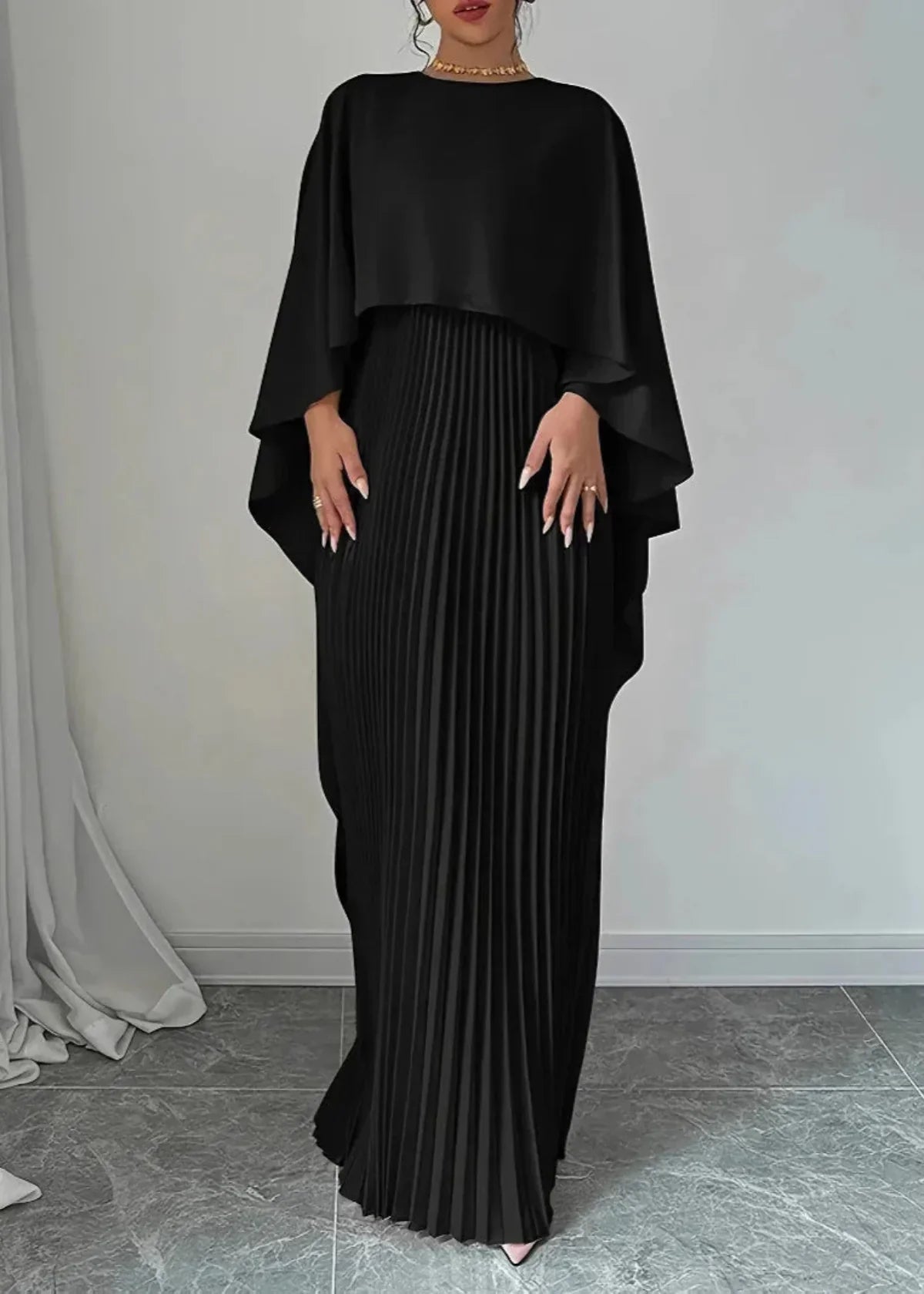 Women's Maxi Dress - Crew Neck - Cape Sleeve - Pleated Skirt