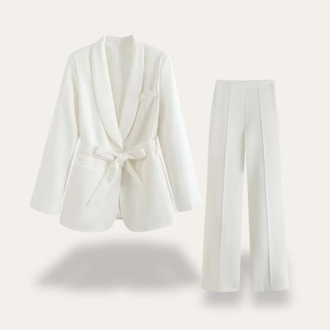 Women's Pant Suit Set - Shawl Collar Belted Blazer and Wide-Leg Pants