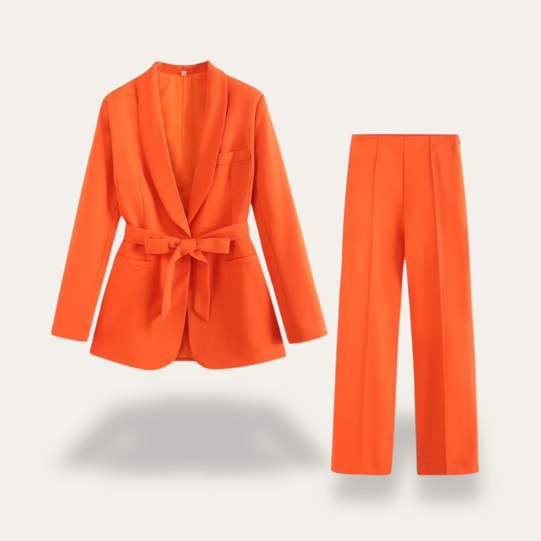 Women's Pant Suit Set - Shawl Collar Belted Blazer and Wide-Leg Pants