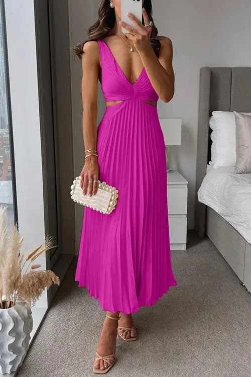 Women’s Pleated Midi Dress – Elegant V-Neck Design