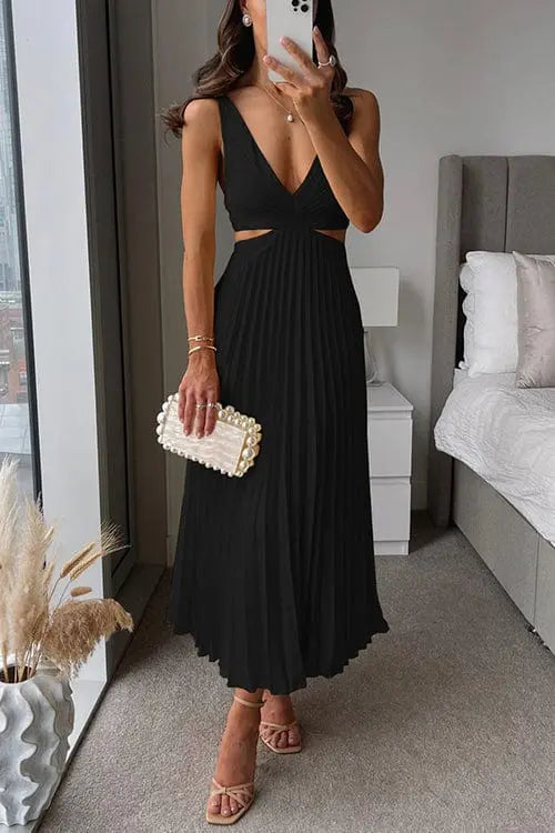 Women’s Pleated Midi Dress – Elegant V-Neck Design