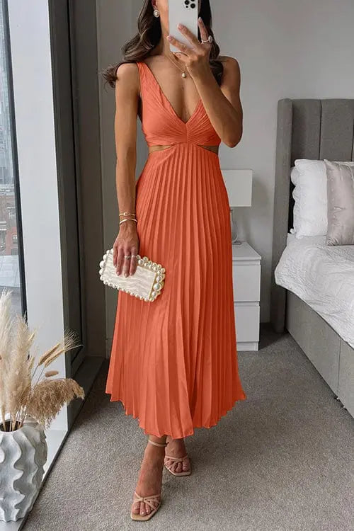 Women’s Pleated Midi Dress – Elegant V-Neck Design