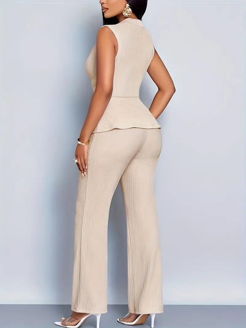 Women's Two Piece Set - V-Neck Peplum Top and Flared Pants