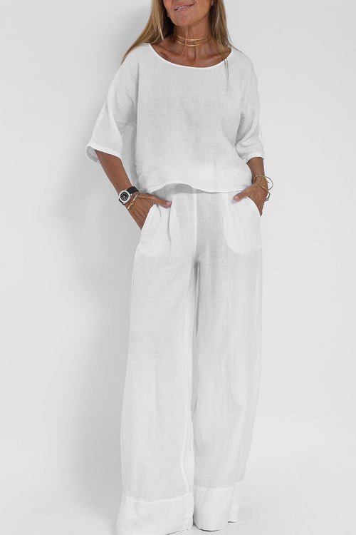 Women’s White Two-Piece Set – Wide-Leg Trousers & Relaxed Top