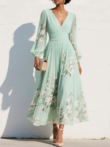 Women's Floral V-Neck Long Sleeve Midi Dress with Balloon Sleeves