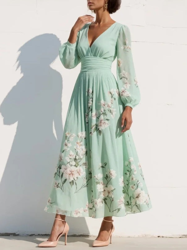 Women's Floral V-Neck Long Sleeve Midi Dress with Balloon Sleeves