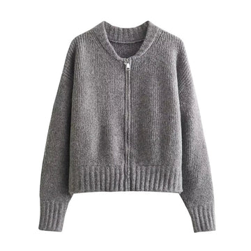 Women’s Zip Up Knitted Cardigan - Crew Neck Long Sleeve Ribbed Sweater