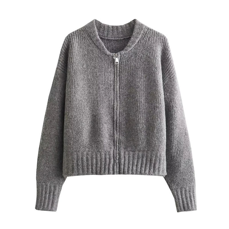 Women’s Zip Up Knitted Cardigan - Crew Neck Long Sleeve Ribbed Sweater