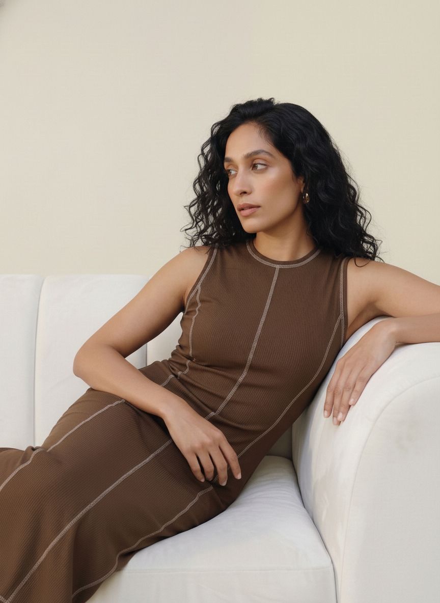 Women’s Sleeveless Maxi Dress with Round Neck and Vertical Contrast Seam Panels