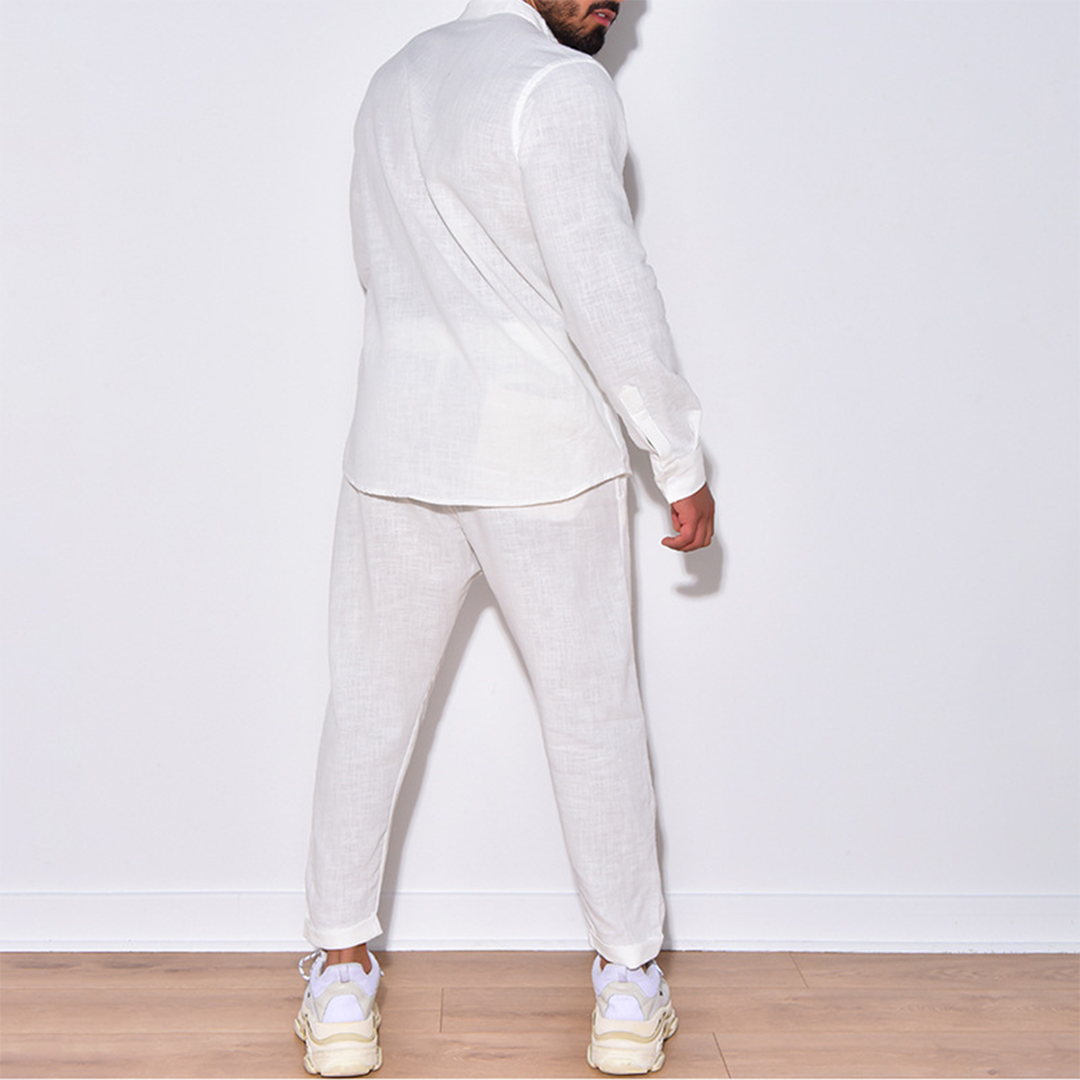Men's Two Piece Set - Band Collar Long Sleeve Shirt and Pants