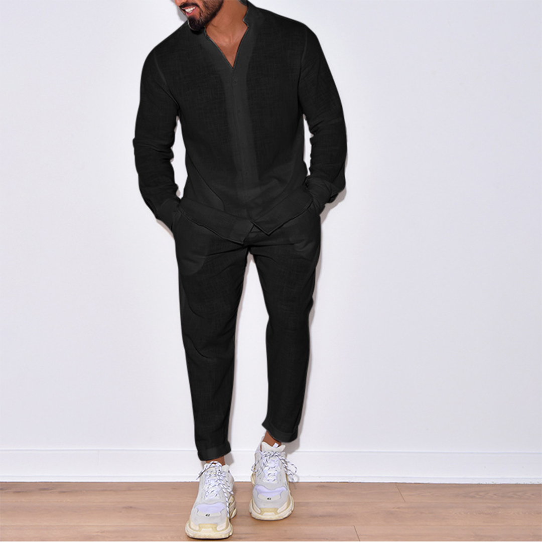 Men's Two Piece Set - Band Collar Long Sleeve Shirt and Pants