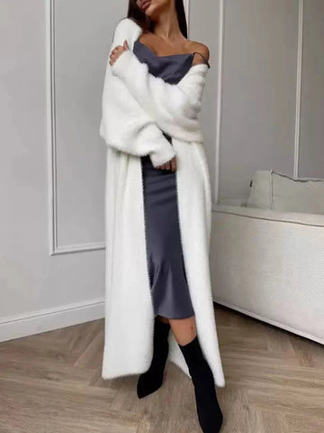 Women’s Long Faux Fur Coat – Open Front Plush Maxi Coat with Relaxed Fit