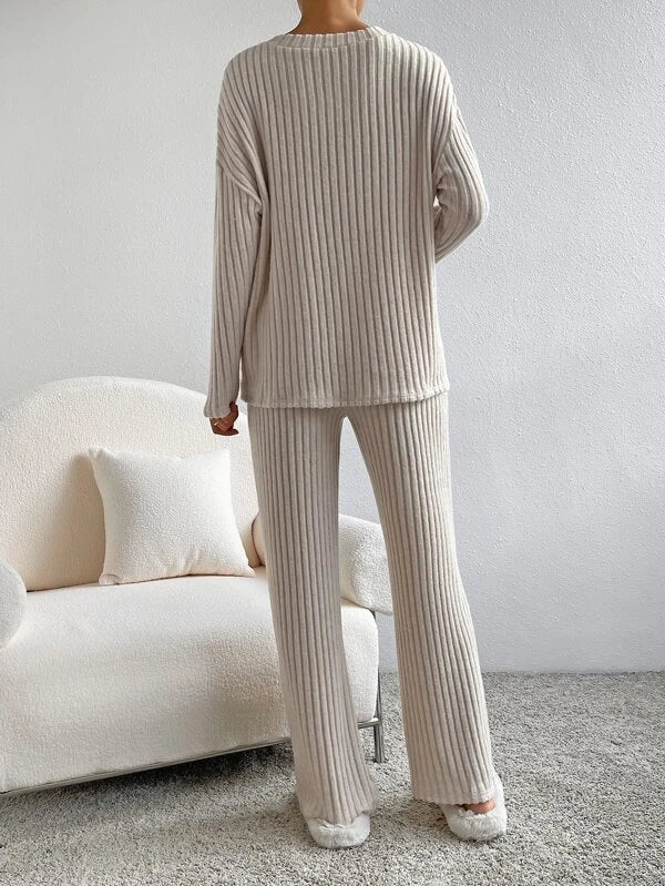 Women's Ribbed Knit Two Piece Set - V-Neck Long Sleeve Top and Wide Leg Pants