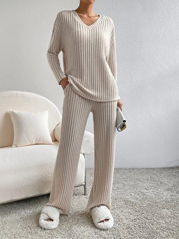 Women's Ribbed Knit Two Piece Set - V-Neck Long Sleeve Top and Wide Leg Pants
