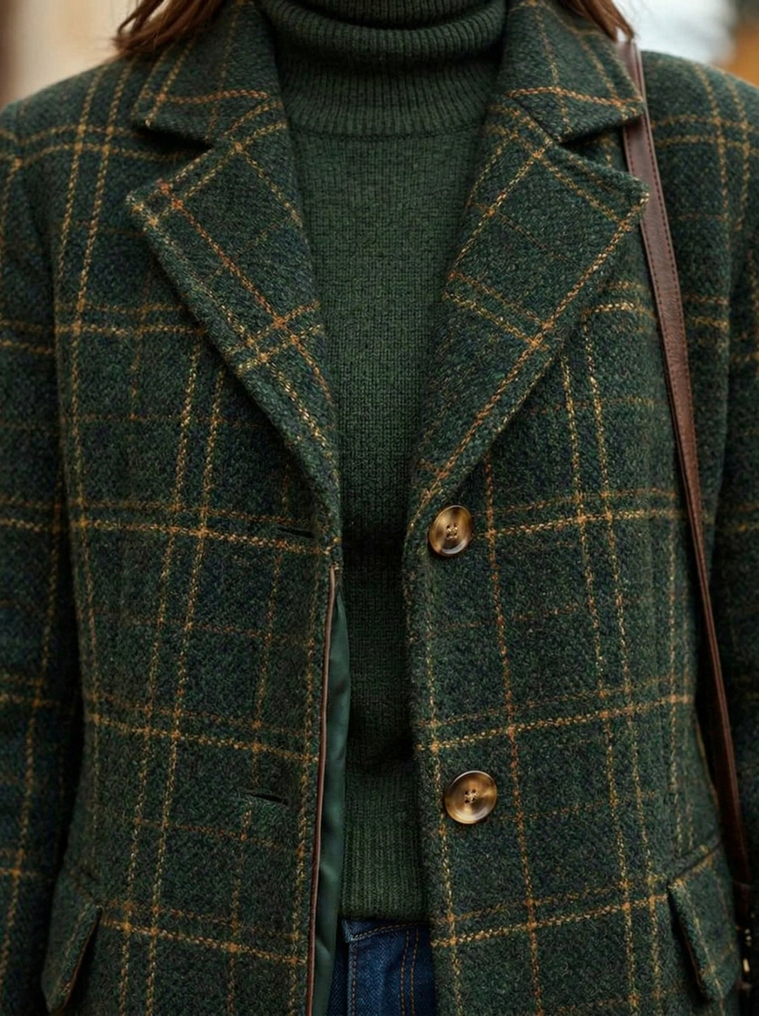 Women's Longline Coat - Windowpane Check - Notched Lapel - Single Breasted - Turn-Back Cuff