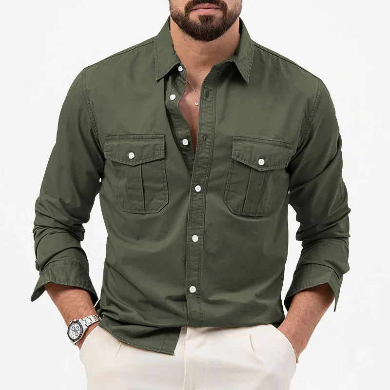 Men's Long Sleeve Button Up Shirt - Dual Chest Pockets - Relaxed Fit