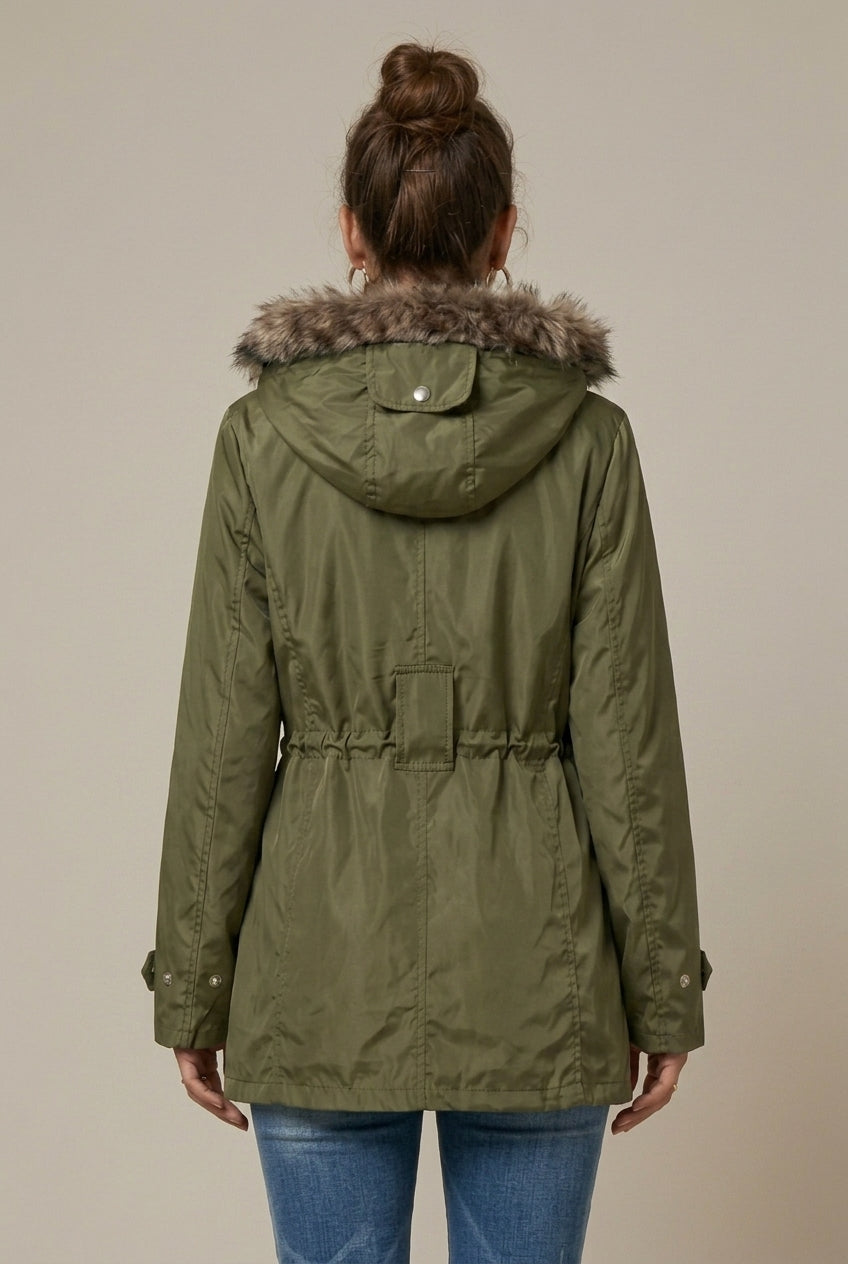 Women's Hooded Parka - Faux Fur Lined Hood - Snap Zip Front - Midi Length