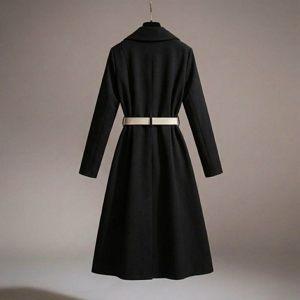 Women's Trench Coat - Long Line Open Front with Contrast Scarf Belt and Wide Lapel