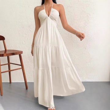 Women's Halter Neck Flowy Maxi Dress - Tiered Open Back