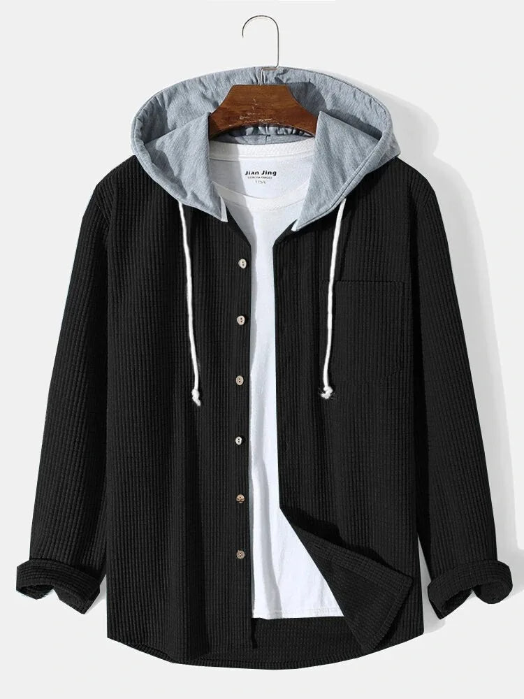 Men's Corduroy Hooded Overshirt - Button Front - Chest Pocket