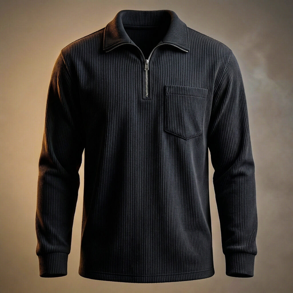 Men's Quarter Zip Jumper - Ribbed Knit Long Sleeve with Chest Pocket and Polo Collar