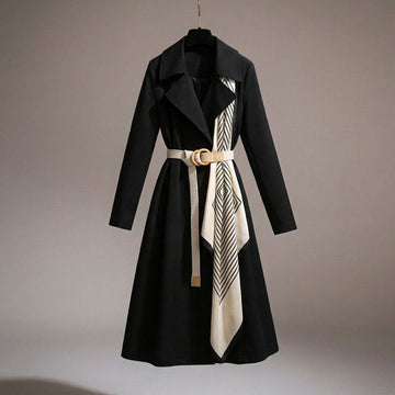 Women's Trench Coat - Long Line Open Front with Contrast Scarf Belt and Wide Lapel
