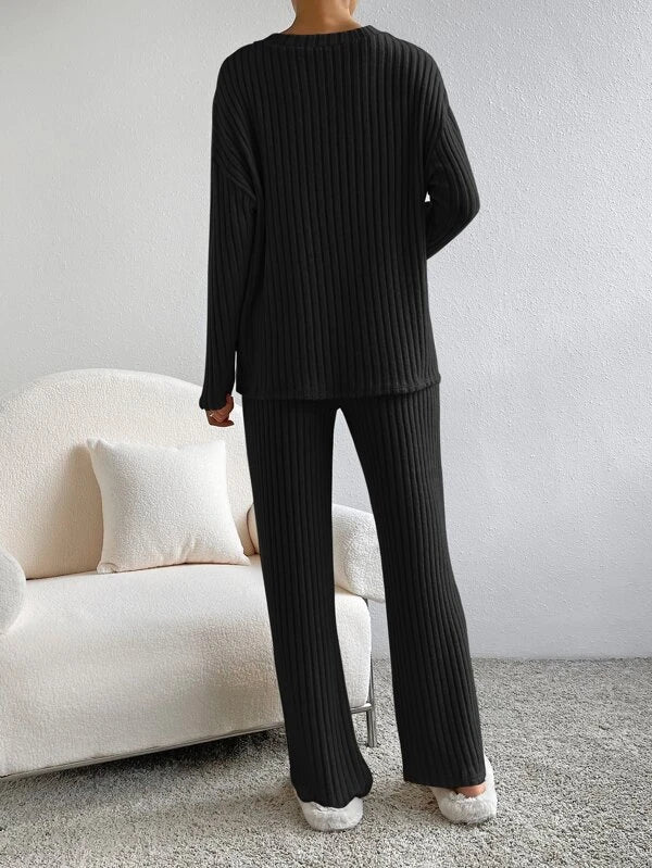 Women's Ribbed Knit Two Piece Set - V-Neck Long Sleeve Top and Wide Leg Pants
