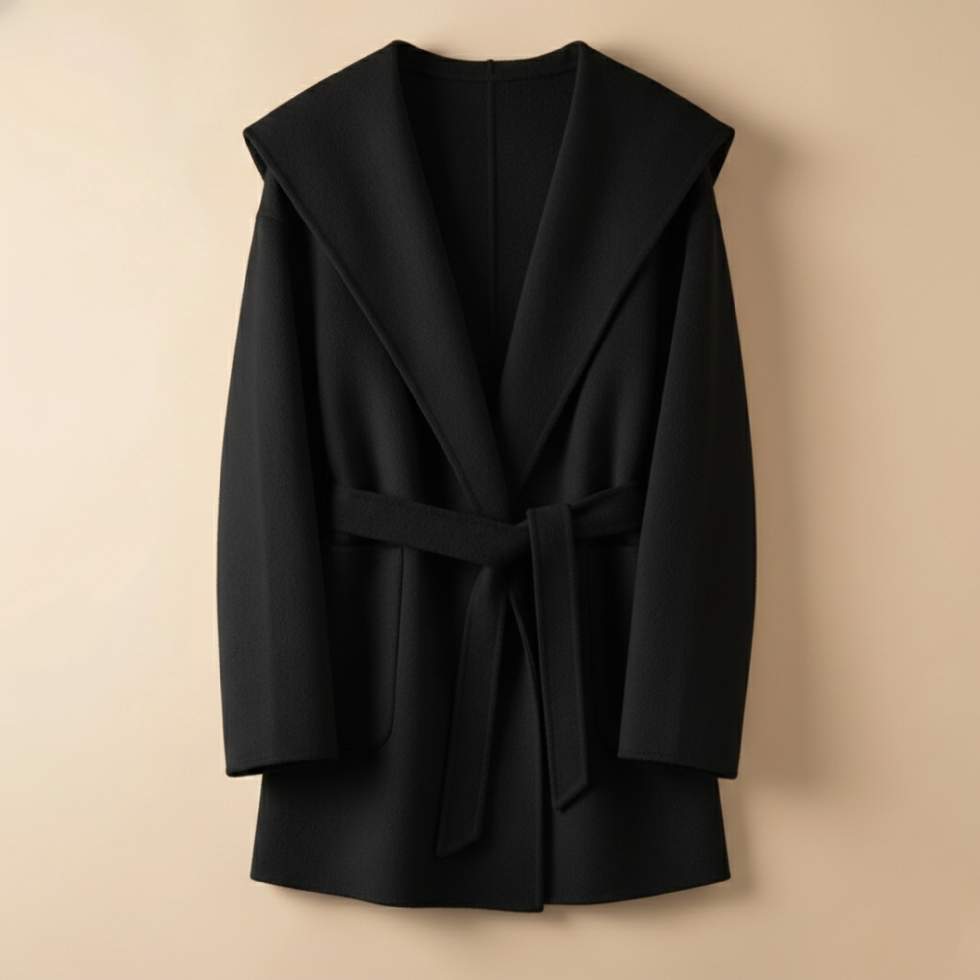 Women’s Belted Wrap Wool Coat with Notched Lapel Collar and Patch Pockets